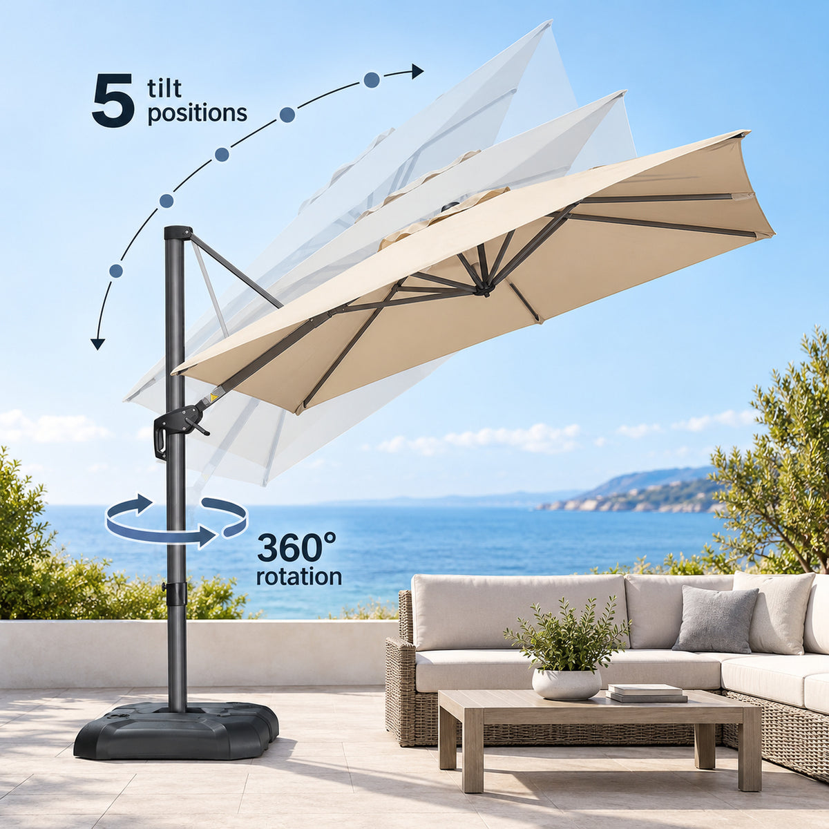 8 × 8 ft Cantilever Patio Umbrella with Base, Beige