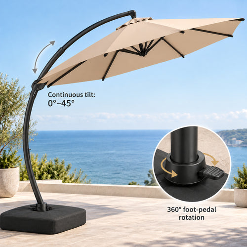 11 ft Curved-Pole Cantilever Patio Umbrella with Sandbag Base, Beige