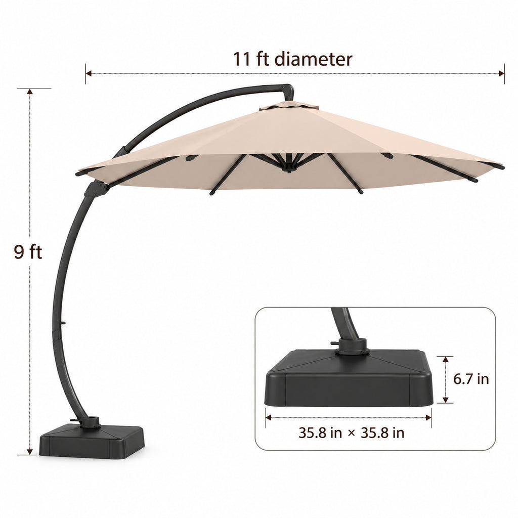 11 ft Curved-Pole Cantilever Patio Umbrella with Sandbag Base, Beige