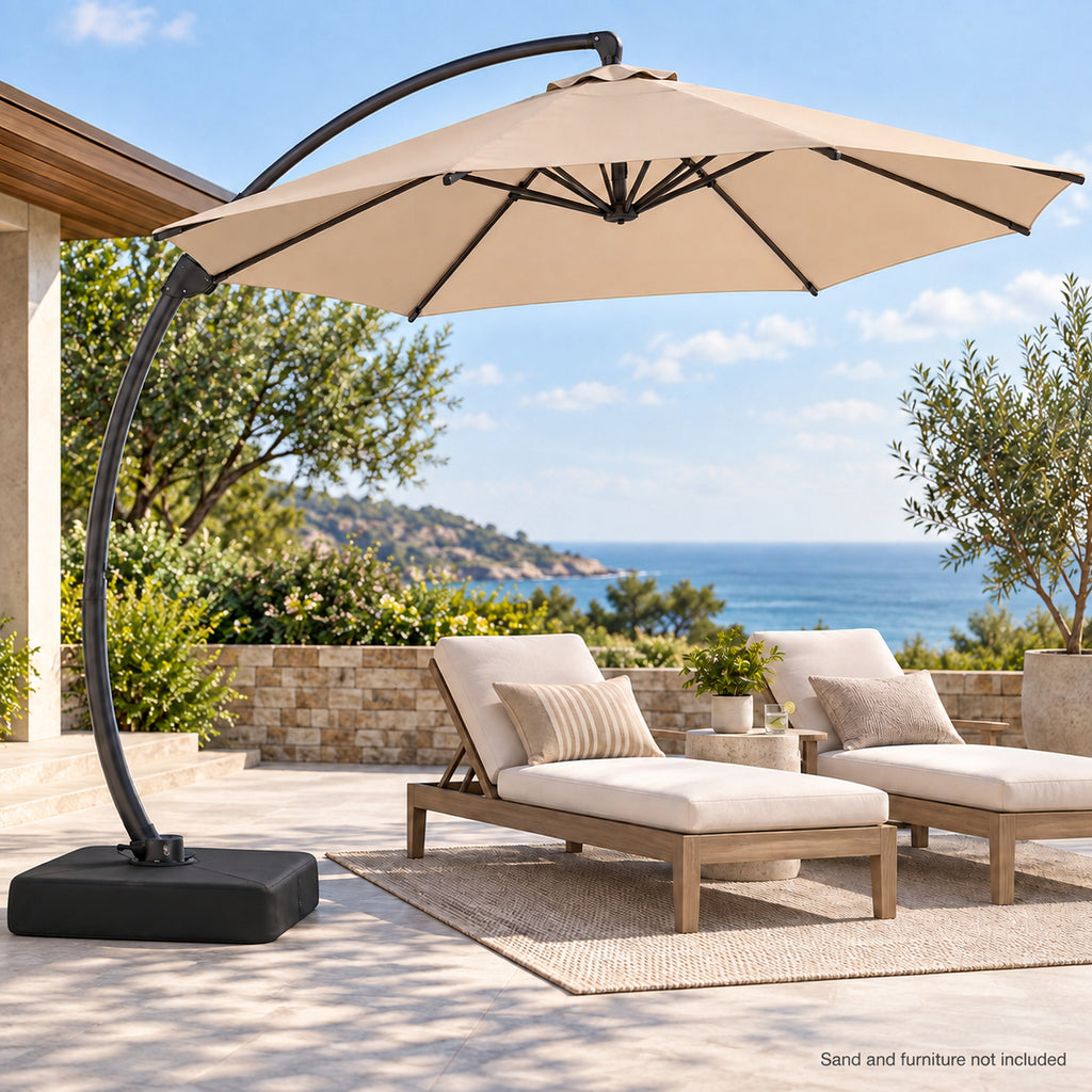 11 ft Curved-Pole Cantilever Patio Umbrella with Sandbag Base, Beige