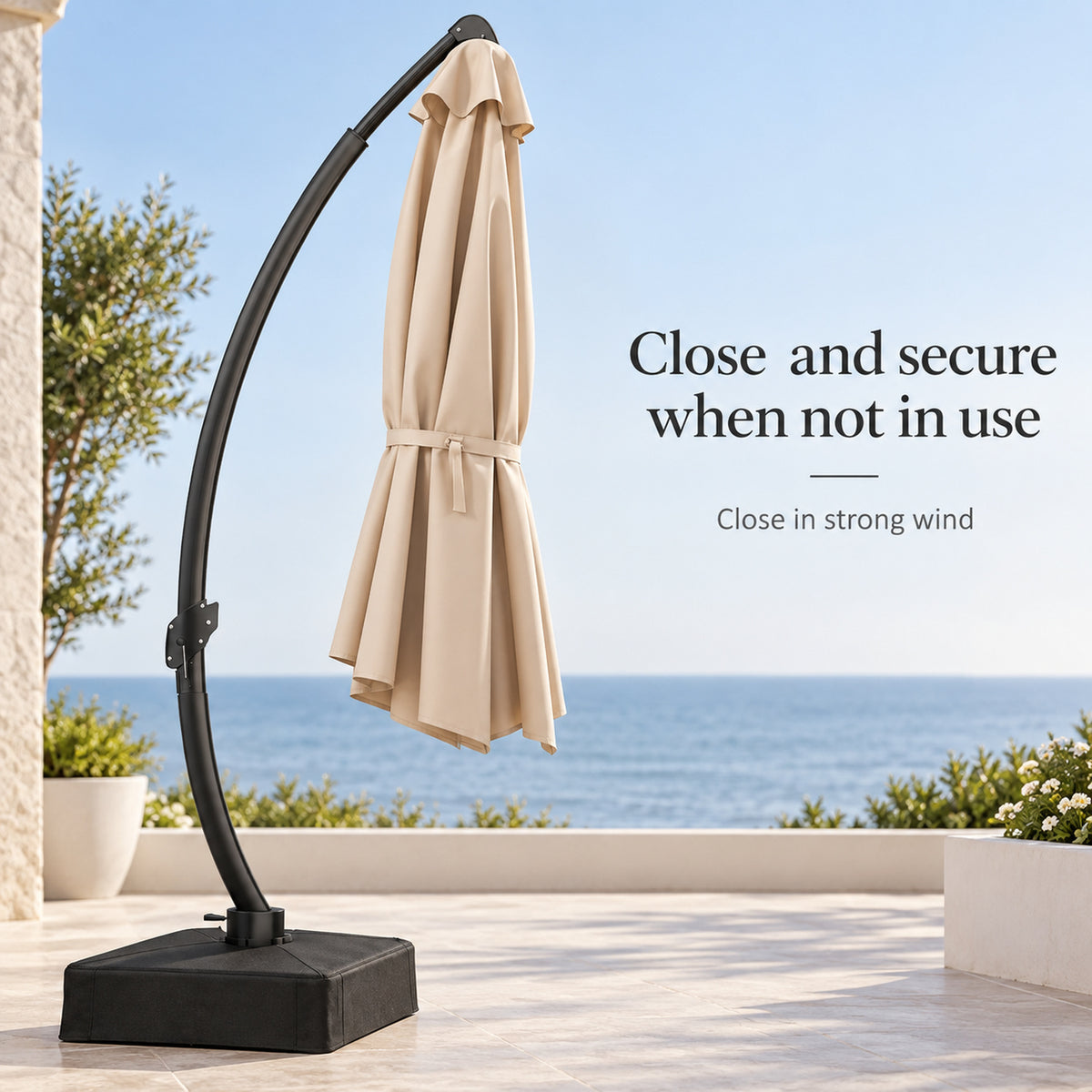 11 ft Curved-Pole Cantilever Patio Umbrella with Sandbag Base, Beige