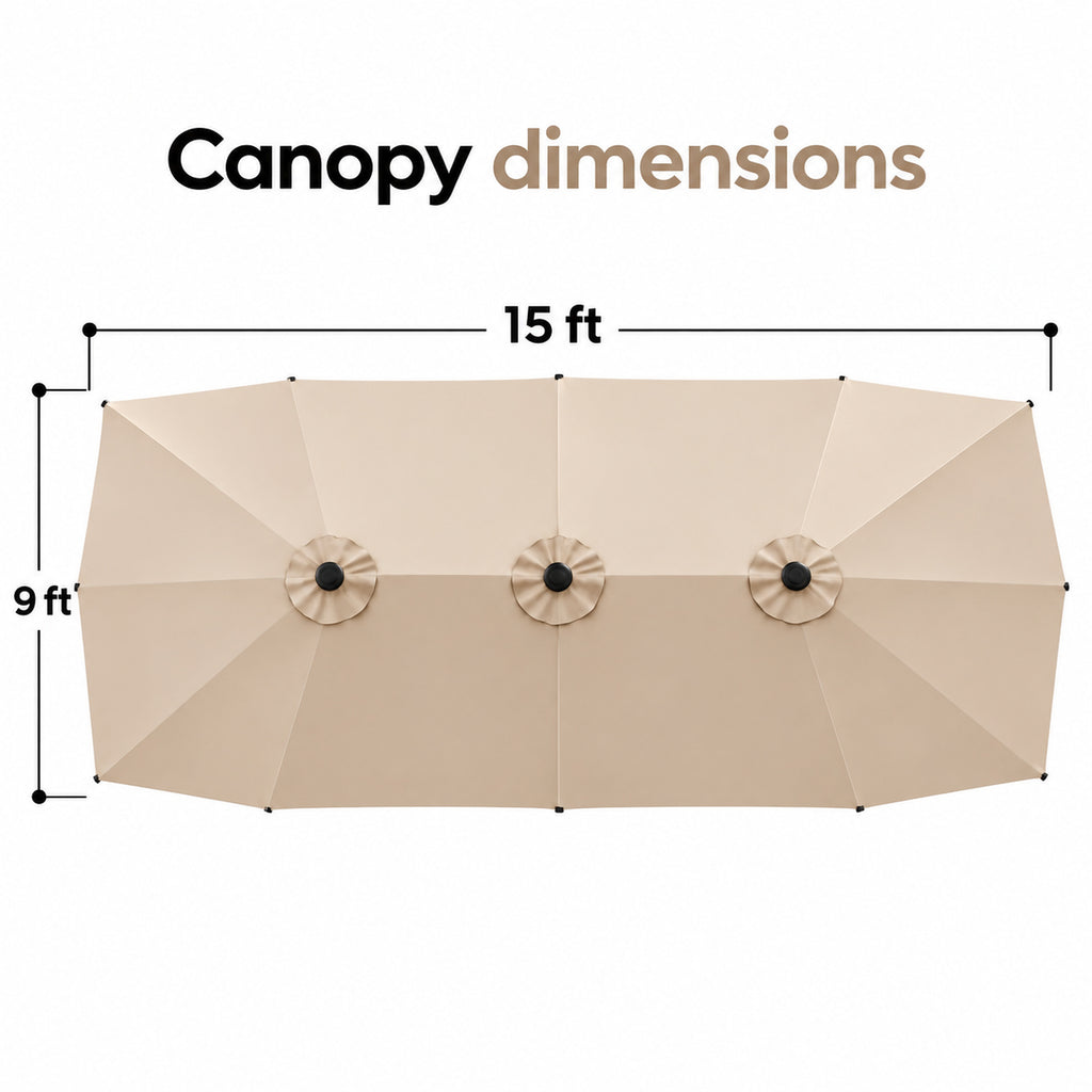 15 × 9 ft Double-Sided Patio Umbrella with Sandbag Base, Beige