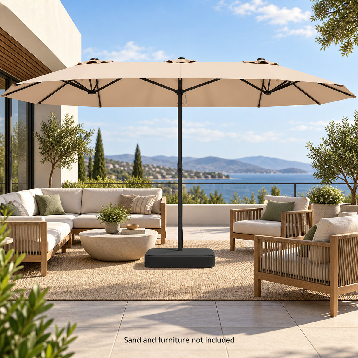 15 × 9 ft Double-Sided Patio Umbrella with Sandbag Base, Beige