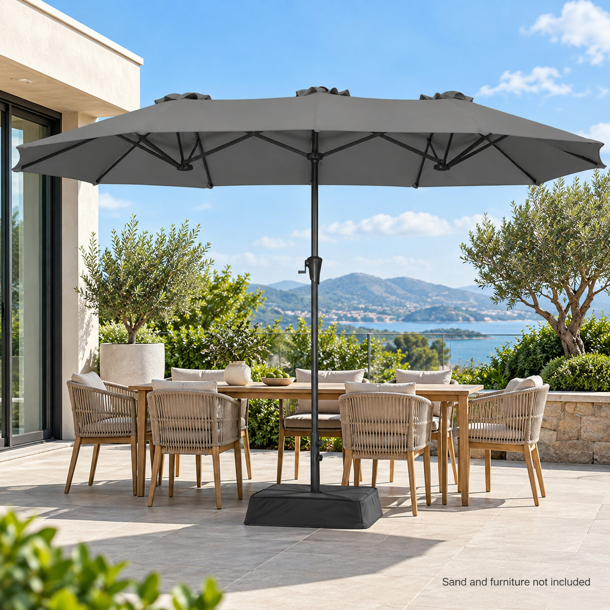 13 × 6.5 ft Double-Sided Patio Umbrella with Sandbag Base, Dark Gray